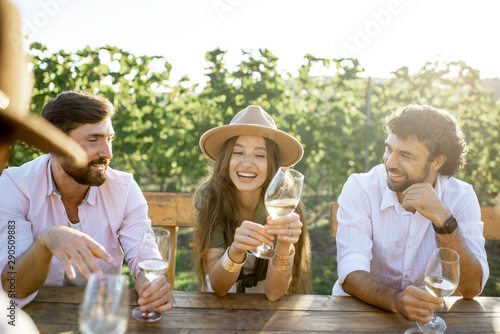 Photographie Group of a young people drinking wine and having fun together while sitting at t