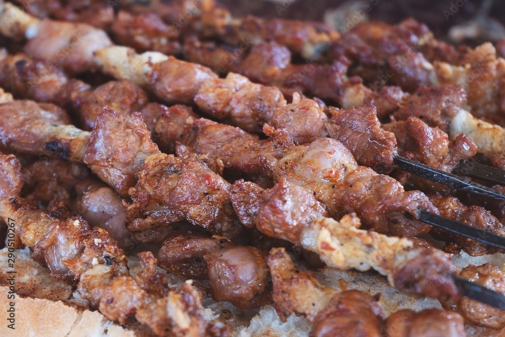Close up shot of appetizing hot shish kebab
