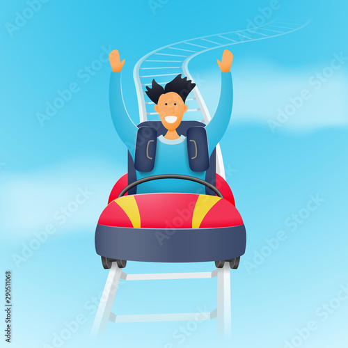 Funny character man rides a roller coaster. A man on a roller coaster ride high above the ground. Vector illustration.