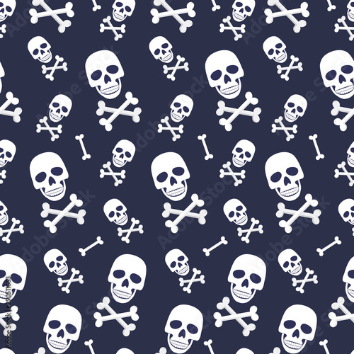 Skull and bone seamless pattern on blue background. halloween skull pattern background. vector illustration