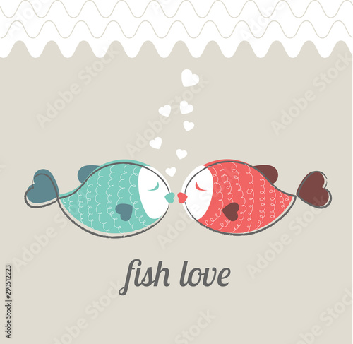 Ornamental cute aquarium fishes falling in love - vector illustration