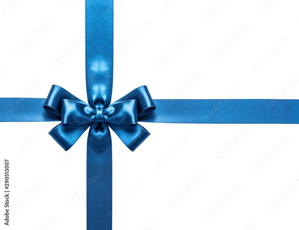 A blue ribbon with a bow on a white.