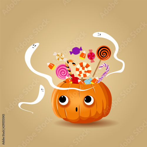 Halloween candies in pumpkin Jack-o-Lantern and cute ghosts. Colorful vector illustration.