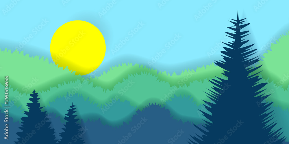 Mountains landscape with full moon and fir-trees.