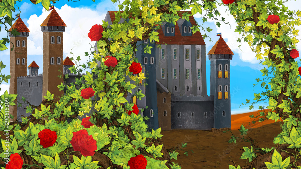 Cartoon scene of rose garden near castle in the background illustration for  children Stock Illustration | Adobe Stock