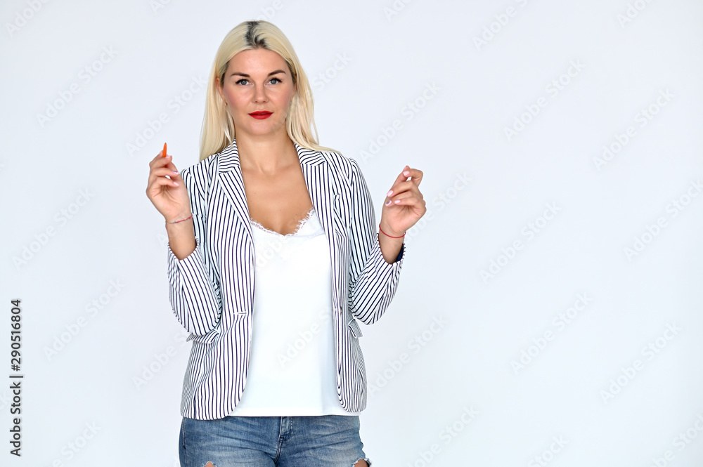 Portrait of a pretty caucasian woman with blond hair in bright clothes on a white background. It stands right in front of the camera, with emotions in various poses. Portrait of a pretty caucasian woman with blond hair in bright clothes on a white background. It stands right in front of the camera, with emotions in various poses.