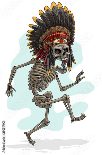 Cartoon detailed realistic colorful scary human with skull in native american indian chief headdress with feathers. Isolated on white background. Vector icon.
