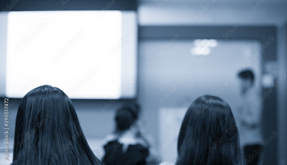 Fototapeta premium Seminar presenter at corporate conference giving speech. Speaker giving lecture to business audience. Executive manager leading discussion in hall during company training event. 