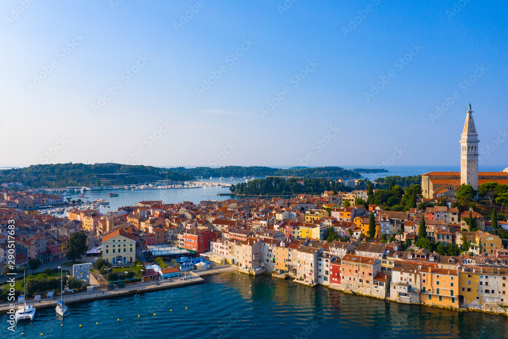 Historic center of Rovinj on the Istrian Peninsula in Croatia. The view from the top. Copy space.