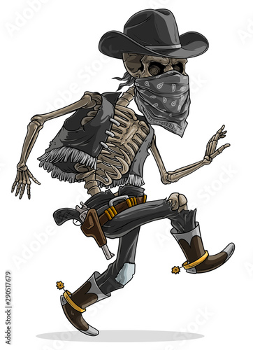Cartoon detailed realistic colorful scary human skeleton with skull in cowboy hat and mask with pistol. Isolated on white background. Vector icon. photo