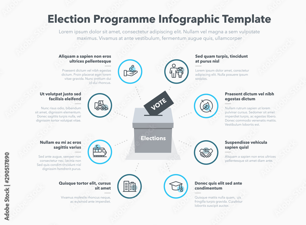Election programme infographic template with voting paper in the ballot box and place for your content. Flat design, easy to use for your website or presentation.