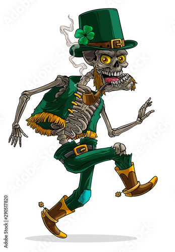 Cartoon detailed realistic colorful scary irish leprechaun skeleton with skull in green hat, whiskers and tobacco pipe. Isolated on white background. Vector icon.