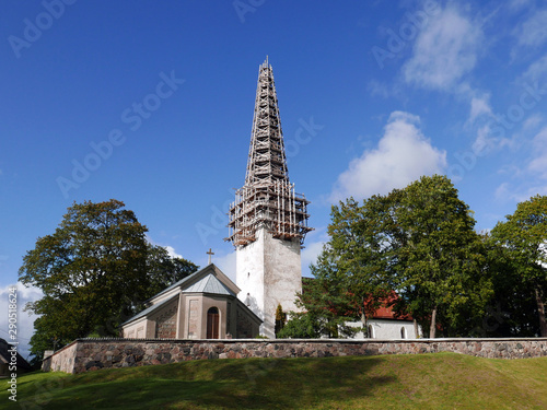 St. Nicholas church, with tower in the scaffolding, in Kose, Estonia photo