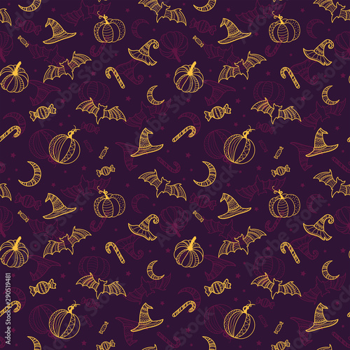 Creative halloween seamless pattern  hand drawn pumpkins  bats  witch hats and candy  detailed ornaments  great for textiles  banners  wallpapers  invitations or wrapping - vector surface design.