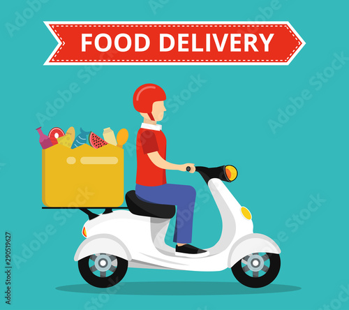 Concept of the fast grocery delivery service on scooter or motorbike. Flat vector illustration.