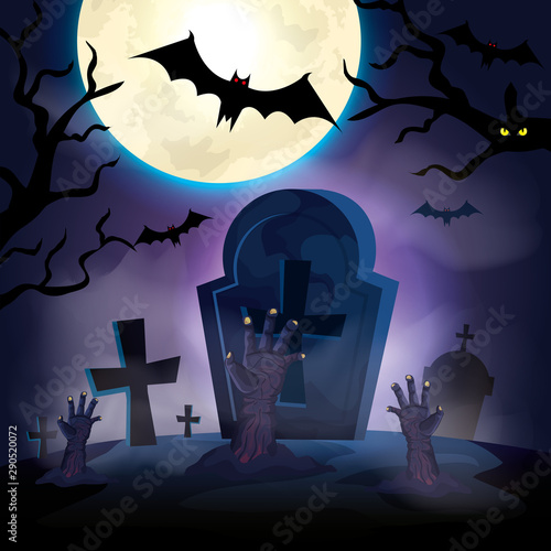 hands of zombie in the dark night halloween scene