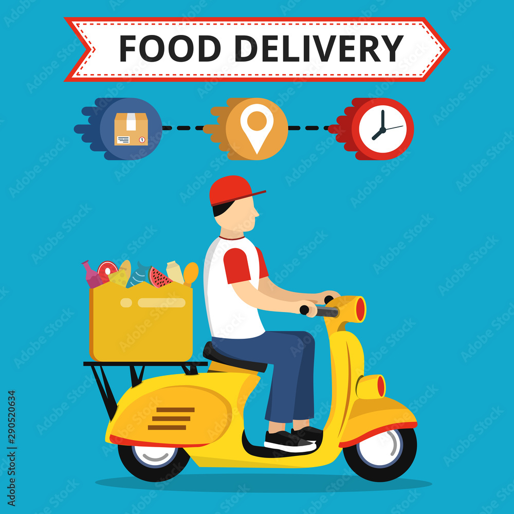 Concept of the fast grocery delivery service on scooter or motorbike. Flat vector illustration. Concept of the fast grocery delivery service on scooter or motorbike. Flat vector illustration.