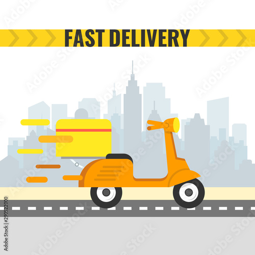 Delivery scooter with big box. Motorcycle fast delivery. Vector illustration.