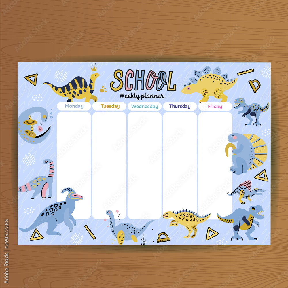 School timetable and weekly schedule template. Student lesson plans with  cute cartoon dinosaurs and dino eggs on blue background. Education design  hand drawn doodle flat color illustration Stock Illustration | Adobe Stock