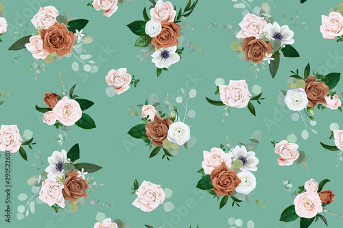 Seamless pattern with pale pink and brown roses