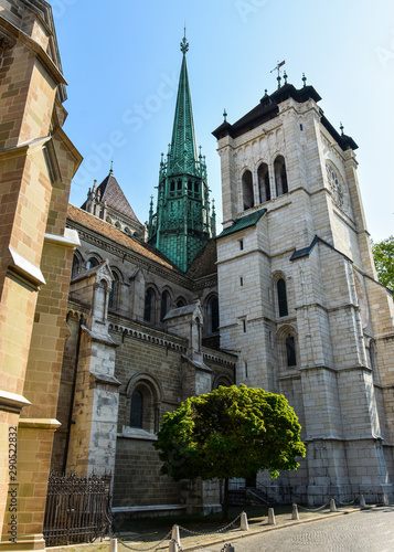 Exterior of the Saint Pierre Cathedral in Geneva, Switzerland, today belonging to the Swiss Reformed Church. 