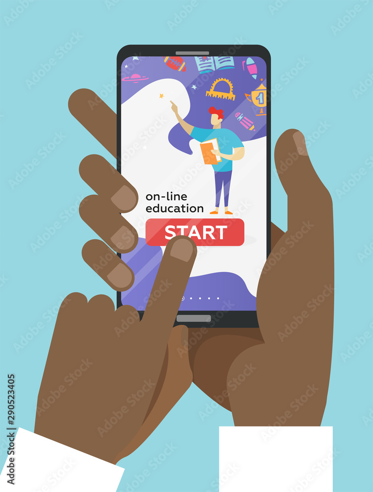 online education concept in flat style - two hands holding mobile phone with educational app in the screen - distant e-learning. Finger pushes start button. Landing with guy and school supplies