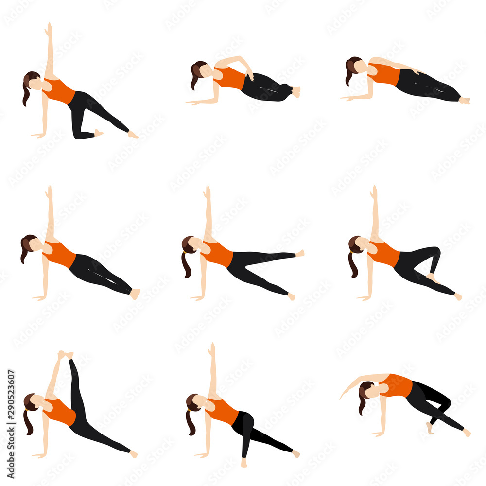 Side plank variations yoga asanas set/ Illustration stylized woman