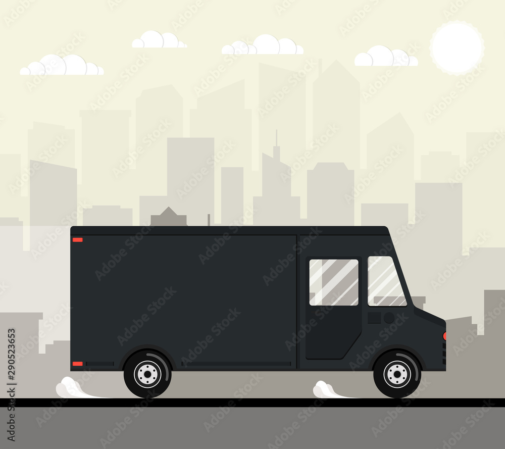 Delivery truck of delivery rides at high speed. City skyscrapers, clouds and sun on the background. Flat vector illustration.