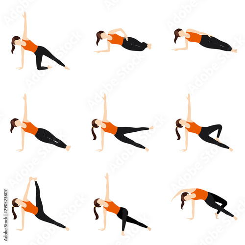 Side plank variations yoga asanas set/ Illustration stylized woman practicing vasisthasana variations 