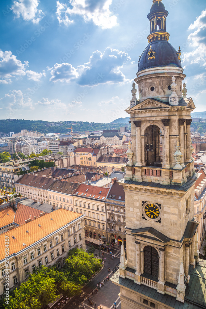 View of historic buildings and streets from St. Stephen's Basilica in Budapest,  Hungary, Europe.