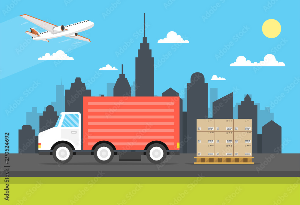 Delivery van with shadow and cardboard boxes on city background.  Product goods shipping transport. Concept of the shipping service. Vector illustration.