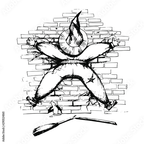 The witch crashed into a brick wall, broken broom. Funny Halloween vector illustration on white background.