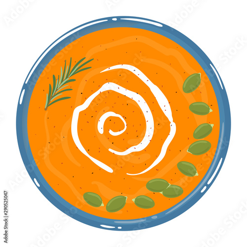 Pumpkin soup in a bowl with sour cream, rosemary and pumpkin seeds, top view, isolated on white background. Healthy clean balanced natural vegetarian detox meal. Vector illustration.