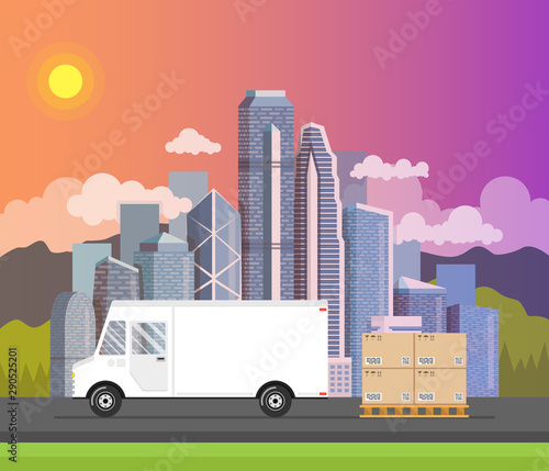 Delivery van with shadow and cardboard boxes on city background.  Product goods shipping transport. Concept of the shipping service. Vector illustration. © Art Alex