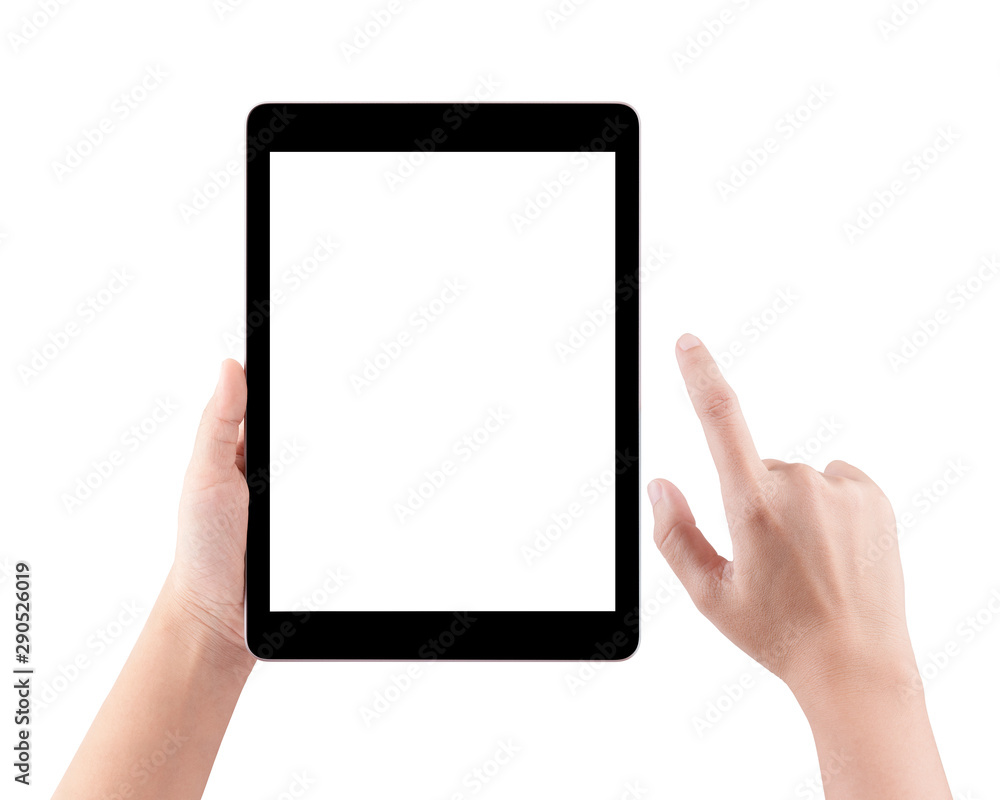 Hands holding tablet computer and blank white screen on table with clipping path. Hands holding tablet computer and blank white screen on table with clipping path.