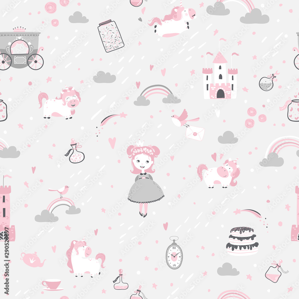 Nursery seamless pattern with princess, unicorn, castle, carriage. Vector childish background in hand-drawn scandinavian style. Gray pink Pastel palette for printing on fabric, textile, wallpaper.