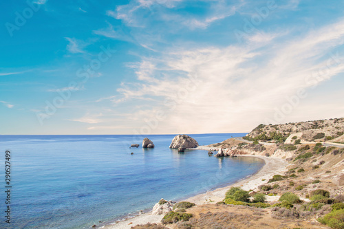 Beautiful view of the birthplace of Aphrodite in Cyprus. Petra tu Romiou, Stone of Aphrodite