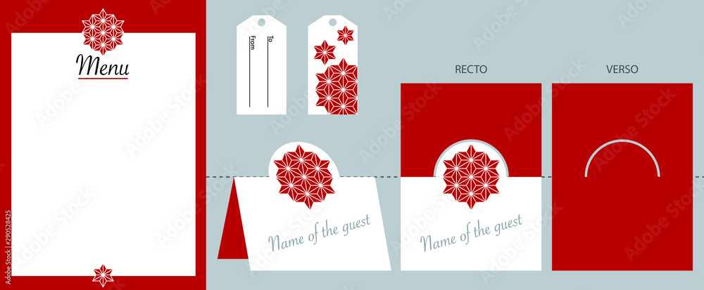 Collection de gabarits fond rouge, pour décorer votre table de fêtes - motif étoile géométrique.