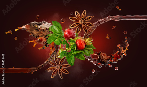 Healthy herbal rose hip tea 3D splash swirl waves, dog rose hips, anise stars. Hot or cold tea splashing, berries isolated. Refreshing medicinal plant vitamin drink, herbal tea, badiane spice element photo