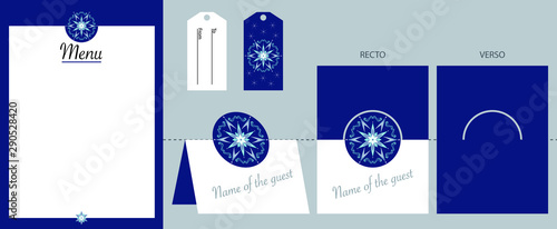 Collection de gabarits fond bleu, pour décorer votre table de fêtes - motif rosace étoile.