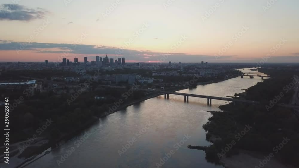 Aerial view of Warsaw from the Vistula River - zoom out Aerial view of Warsaw from the Vistula River - zoom out