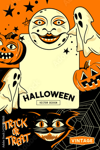 A vintage and retro style halloween party invitation background with  classic signs and symbols including ghosts, pumpkins and a black cat. Vector illustration.