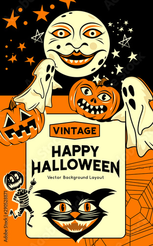 A vintage and retro style halloween party invitation background with classic signs and symbols including ghosts, pumpkins and a black cat. Vector illustration.