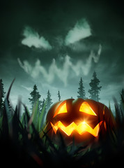 A pumpkin lantern glowing on the ground at night with a stormy sky and clouds forming an evil face. 