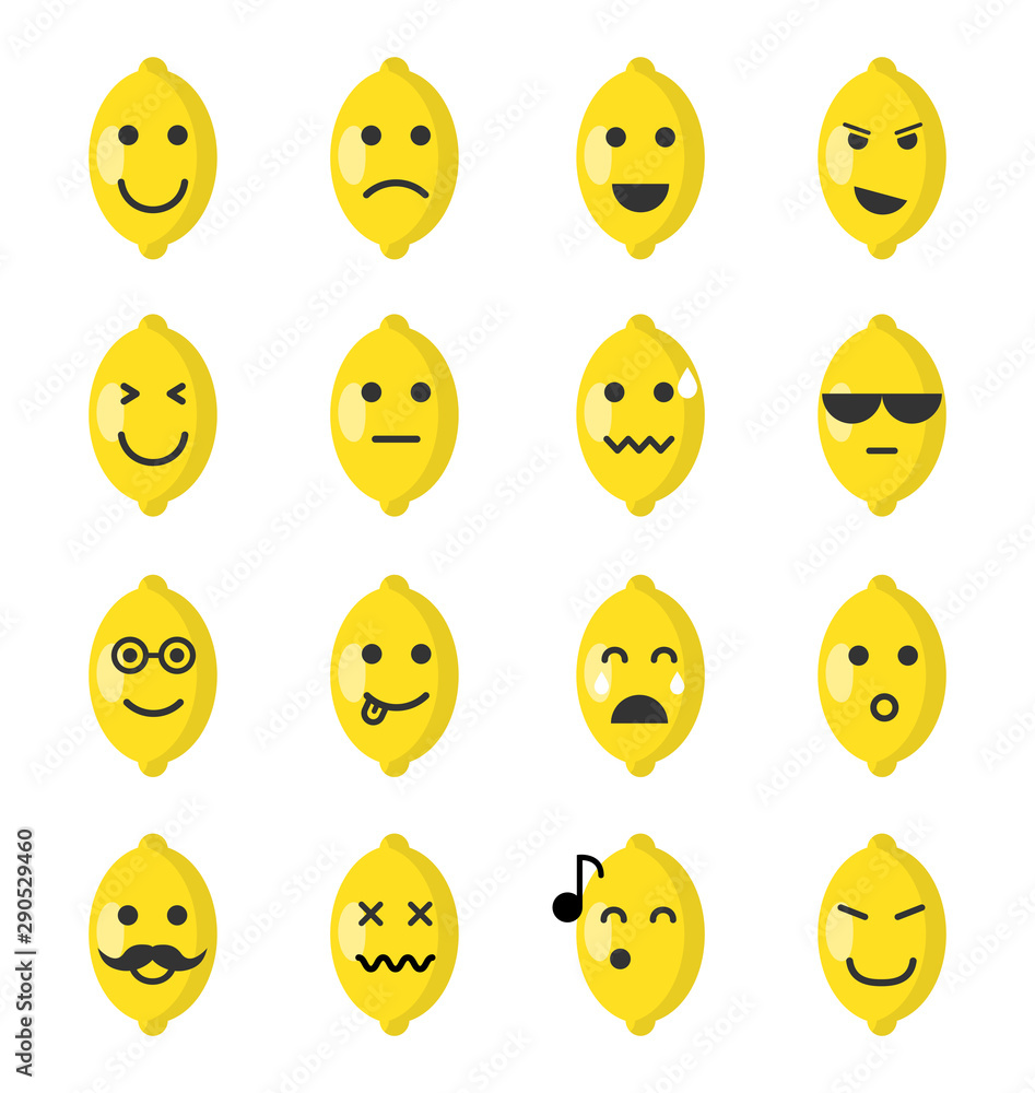 Emoji lemon set. Lemon icons on the white background. Flat cartoon style. Vector illustration. Emoji lemon set. Lemon icons on the white background. Flat cartoon style. Vector illustration.