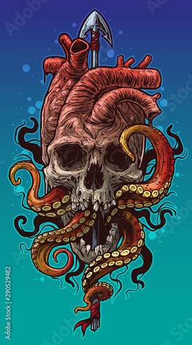Cartoon graphic colorful detailed realistic human heart shaped skull with octopus tentacles on metal spear. Isolated on blue background. Tattoo outline. Vector icon.