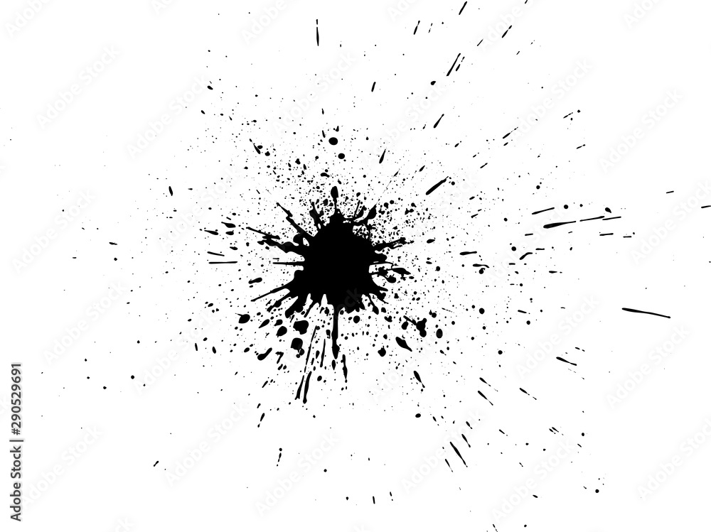 Black paint, ink splash, brushes ink droplets, blots. Black ink splatter  background, isolated on white. Stock Vector