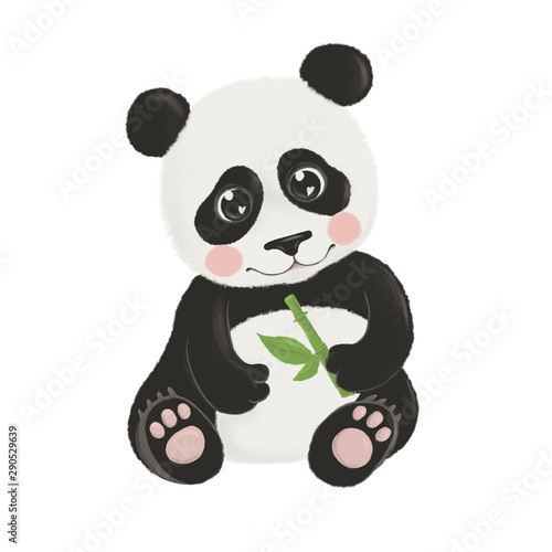 A cute and charming bear panda sits and holds a bamboo branch in its paws