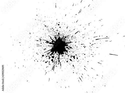 Black paint, ink splash, brushes ink droplets, blots. Black ink splatter background, isolated on white.