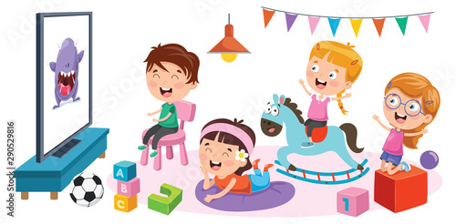 Children Watching Television In Aroom